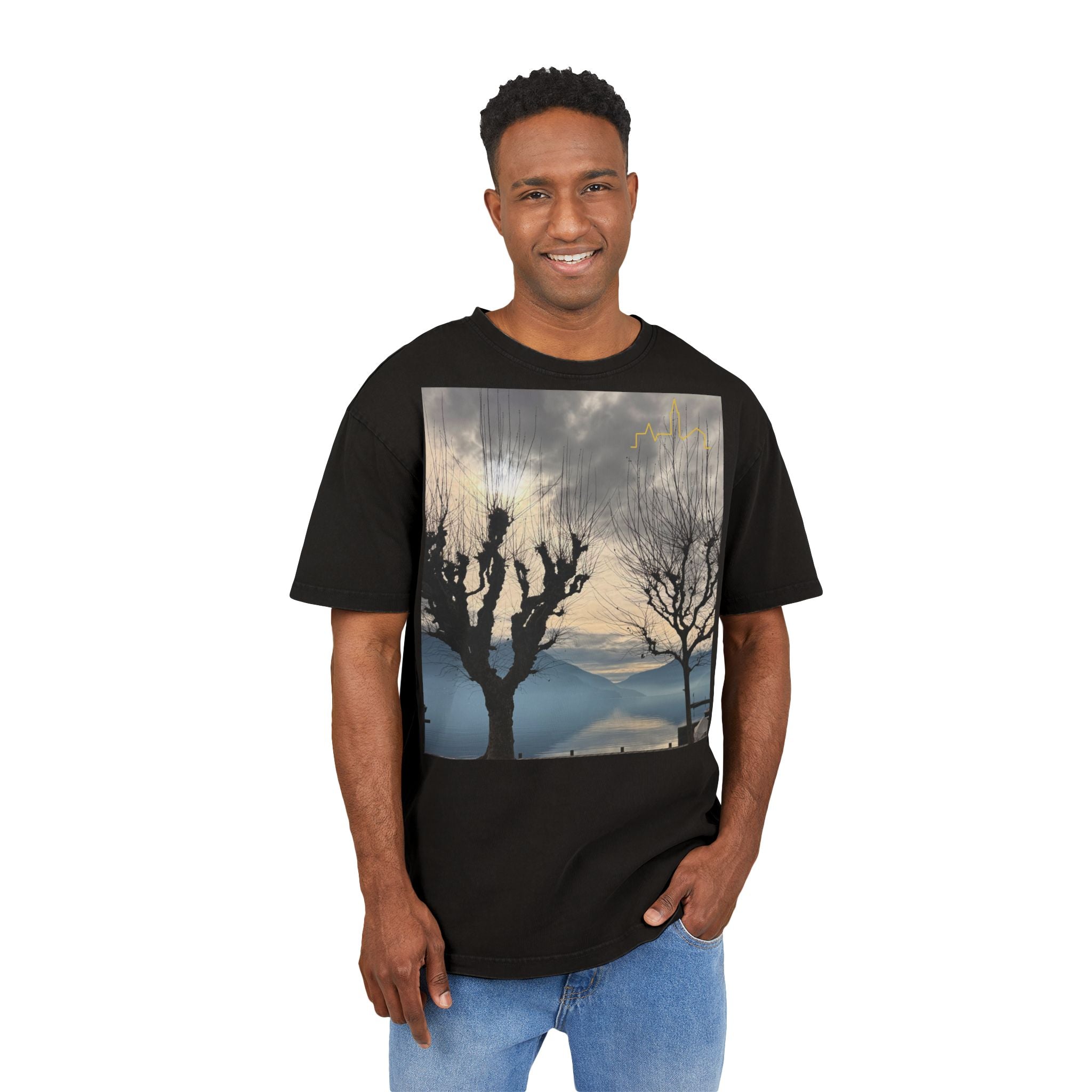 Oversized Graphic Tee — Scenic Lakeside Photo Front & '66 Twelve' Script Back