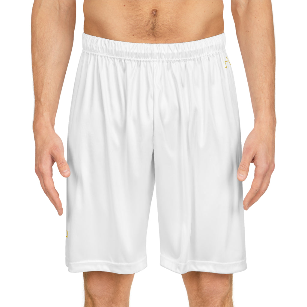 White Basketball Shorts with Gold '66TWE' Minimal Logo — Athletic AOP Shorts