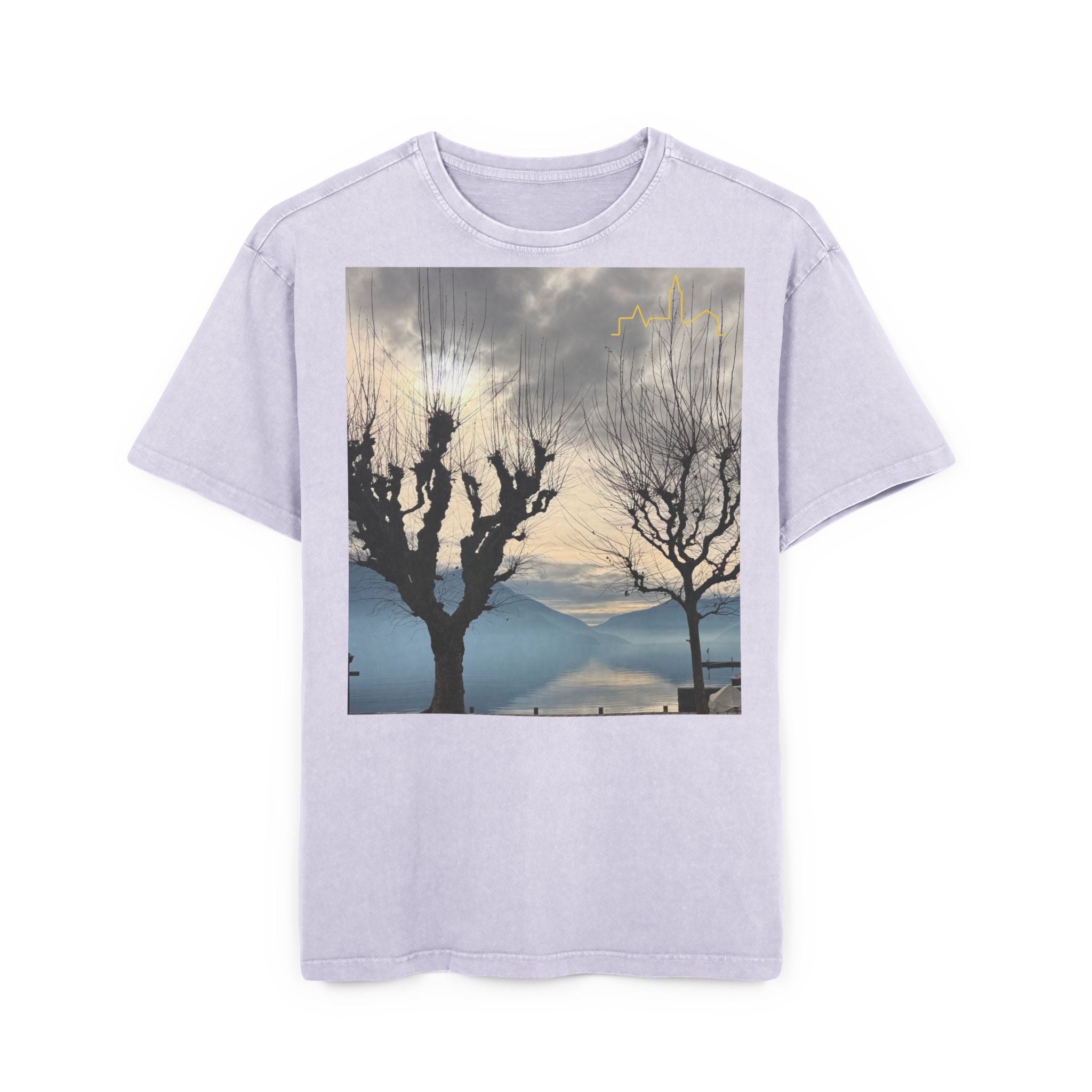 Oversized Graphic Tee — Scenic Lakeside Photo Front & '66 Twelve' Script Back