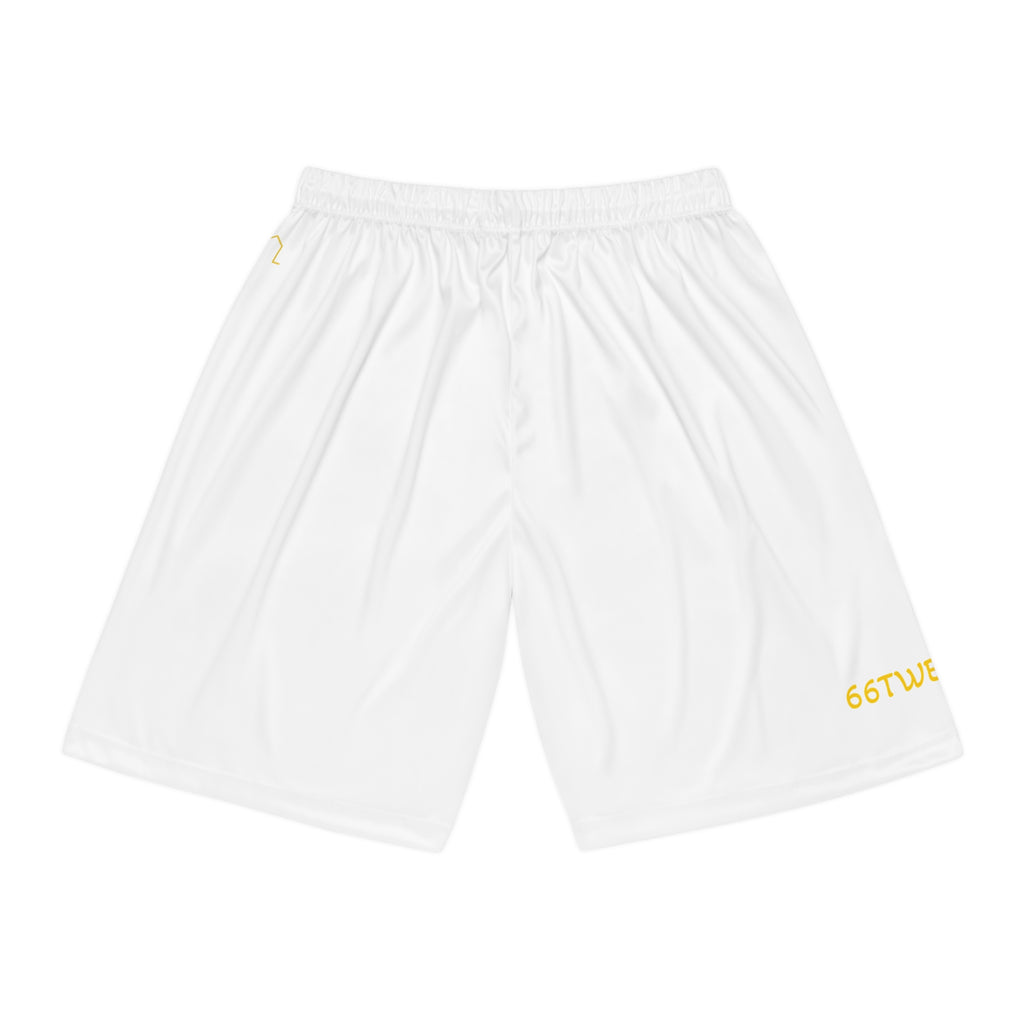 White Basketball Shorts with Gold '66TWE' Minimal Logo — Athletic AOP Shorts