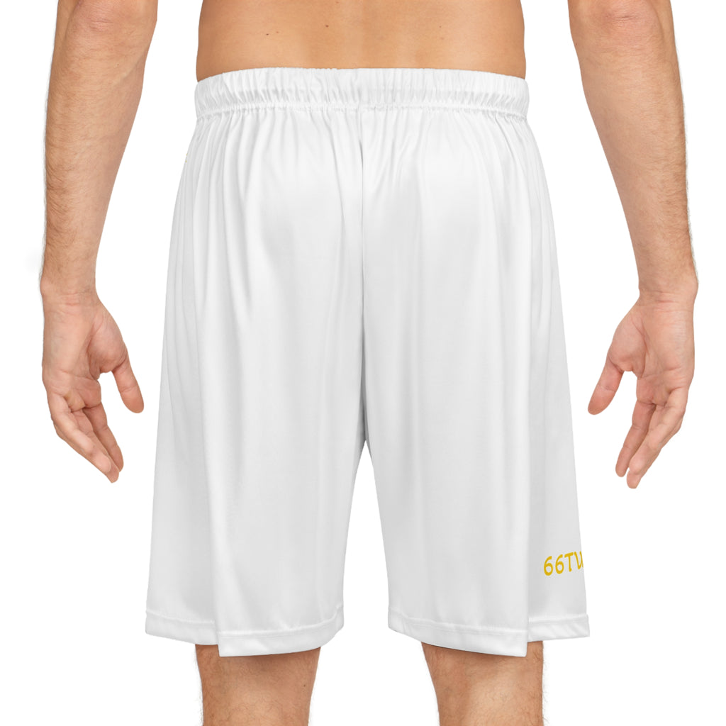White Basketball Shorts with Gold '66TWE' Minimal Logo — Athletic AOP Shorts