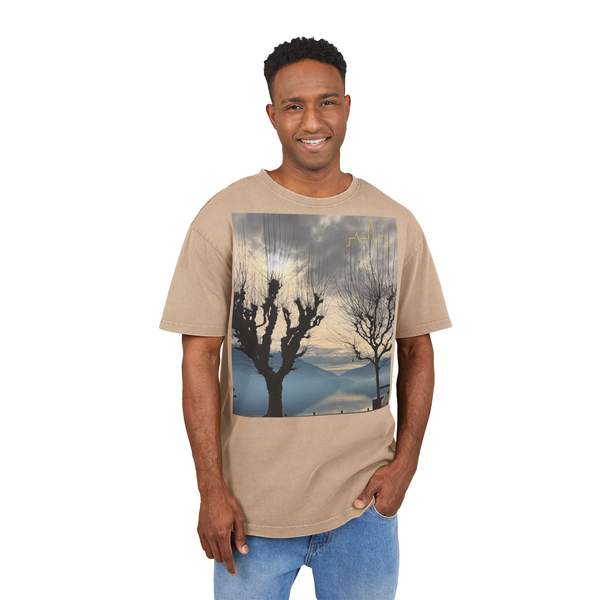 Oversized Graphic Tee — Scenic Lakeside Photo Front & '66 Twelve' Script Back