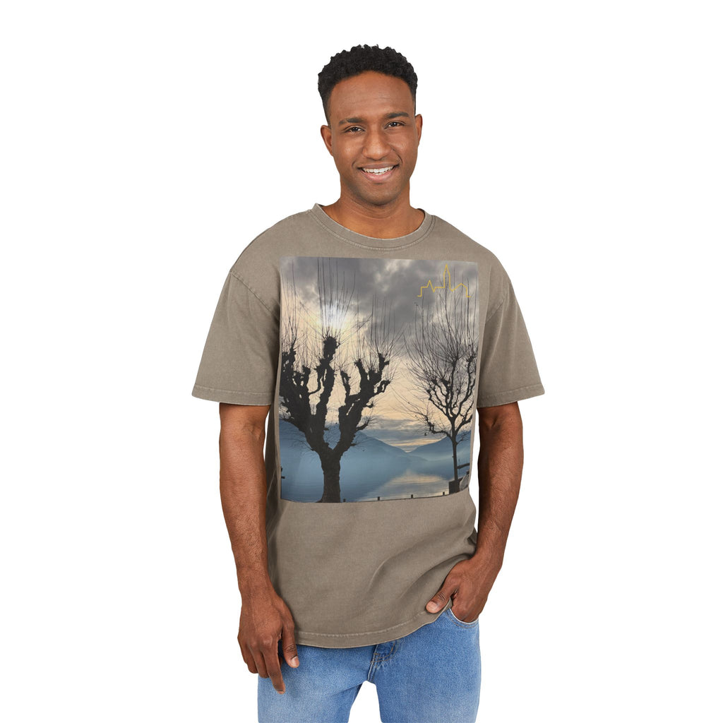 Oversized Graphic Tee — Scenic Lakeside Photo Front & '66 Twelve' Script Back