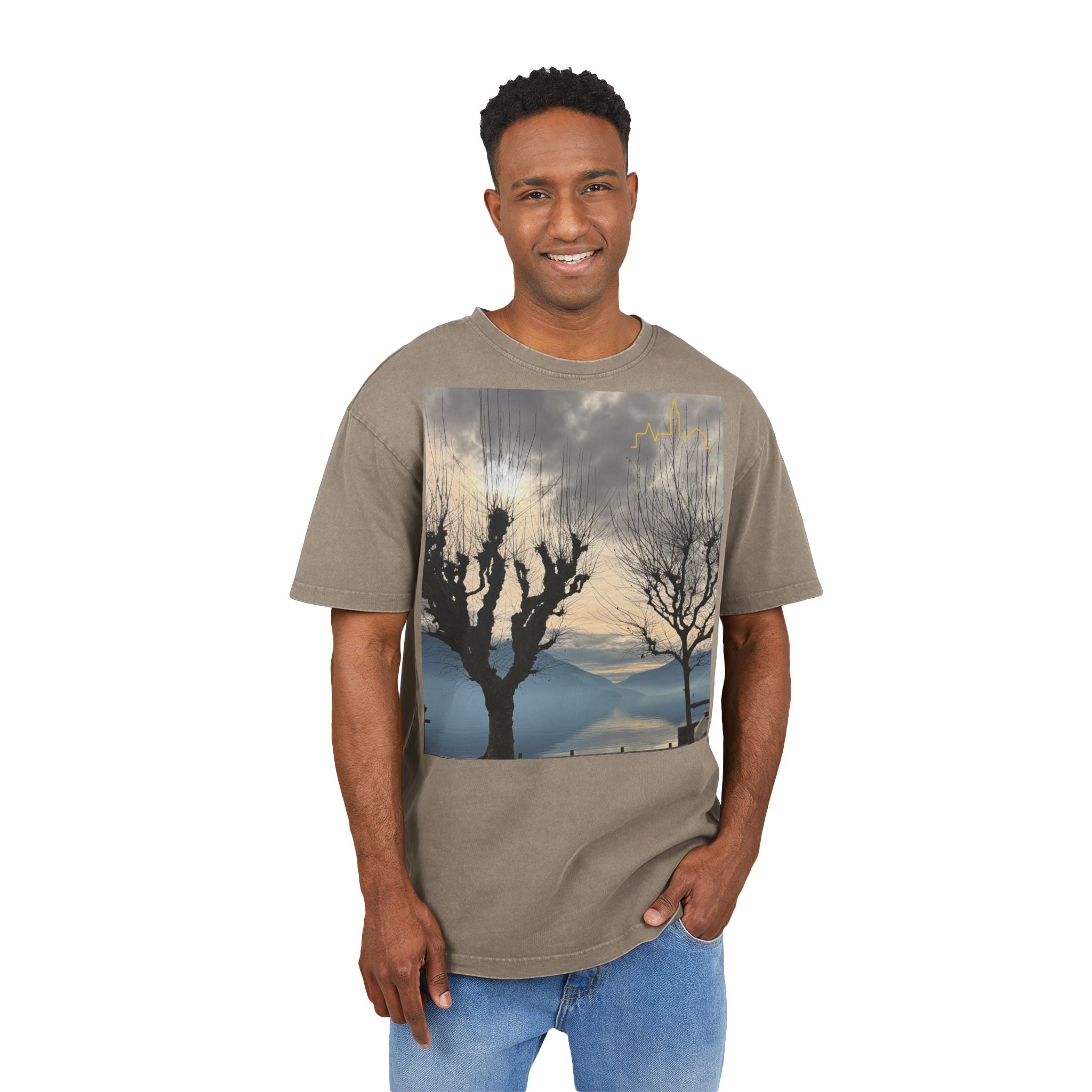 Oversized Graphic Tee — Scenic Lakeside Photo Front & '66 Twelve' Script Back