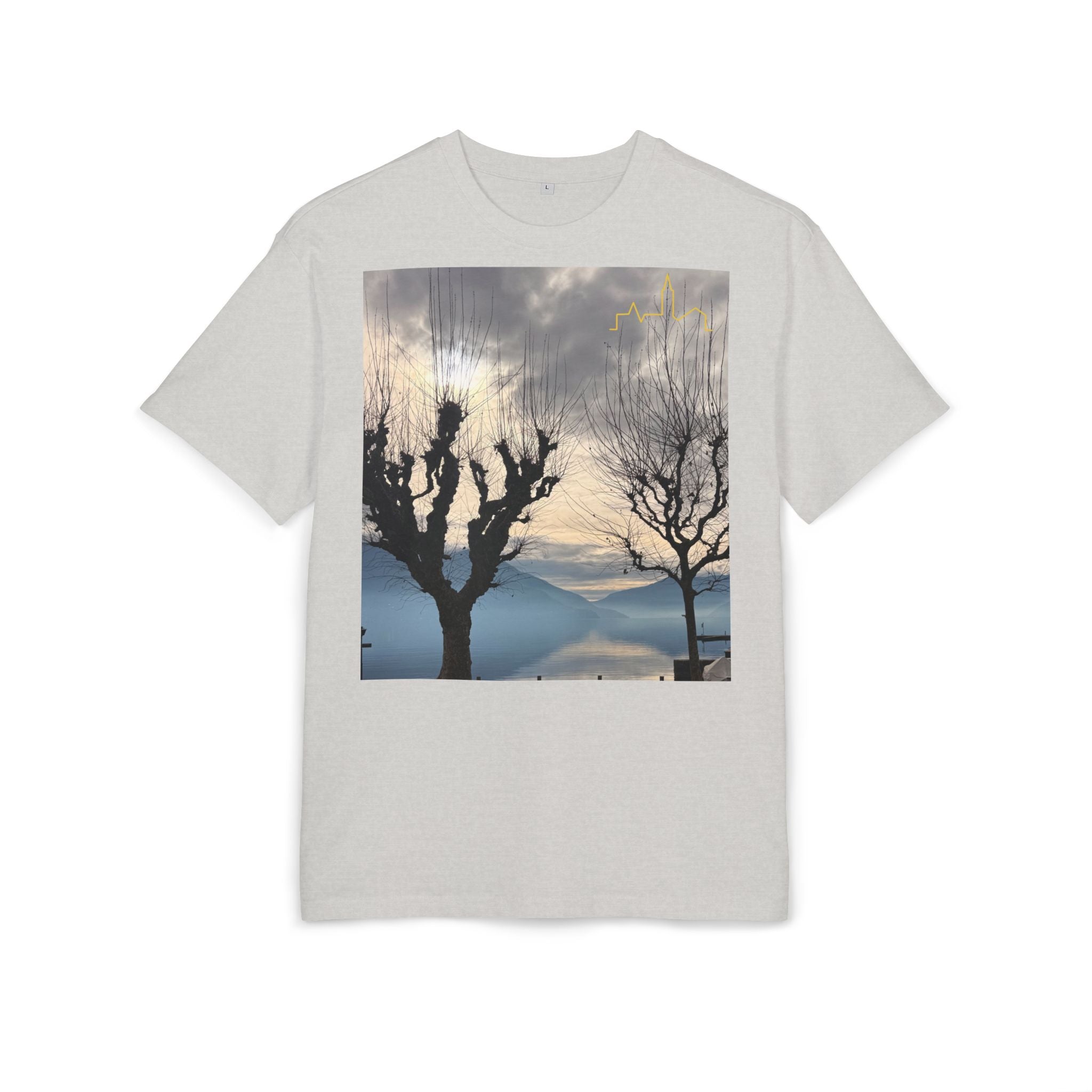 Scenic Lake Photo Tee — 'Twelve' Script Back Graphic Oversized T-Shirt
