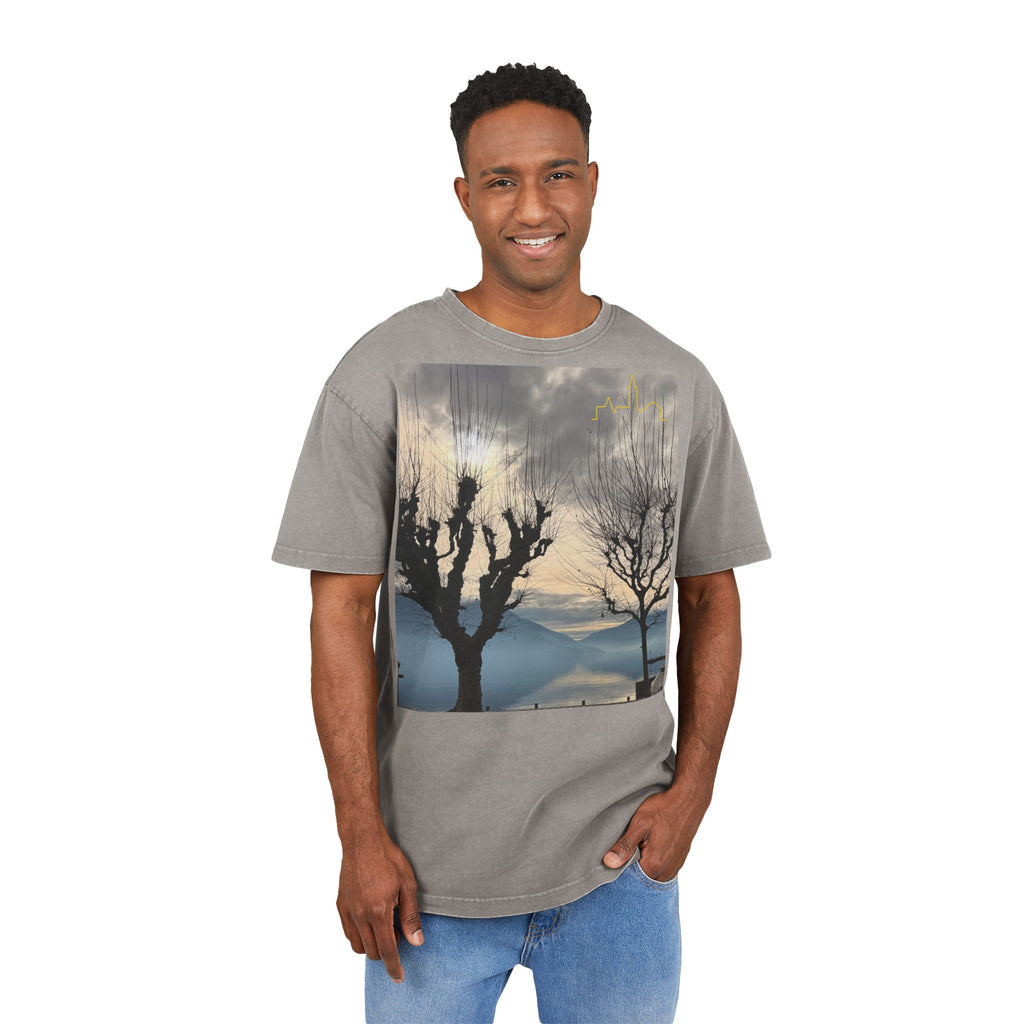 Oversized Graphic Tee — Scenic Lakeside Photo Front & '66 Twelve' Script Back