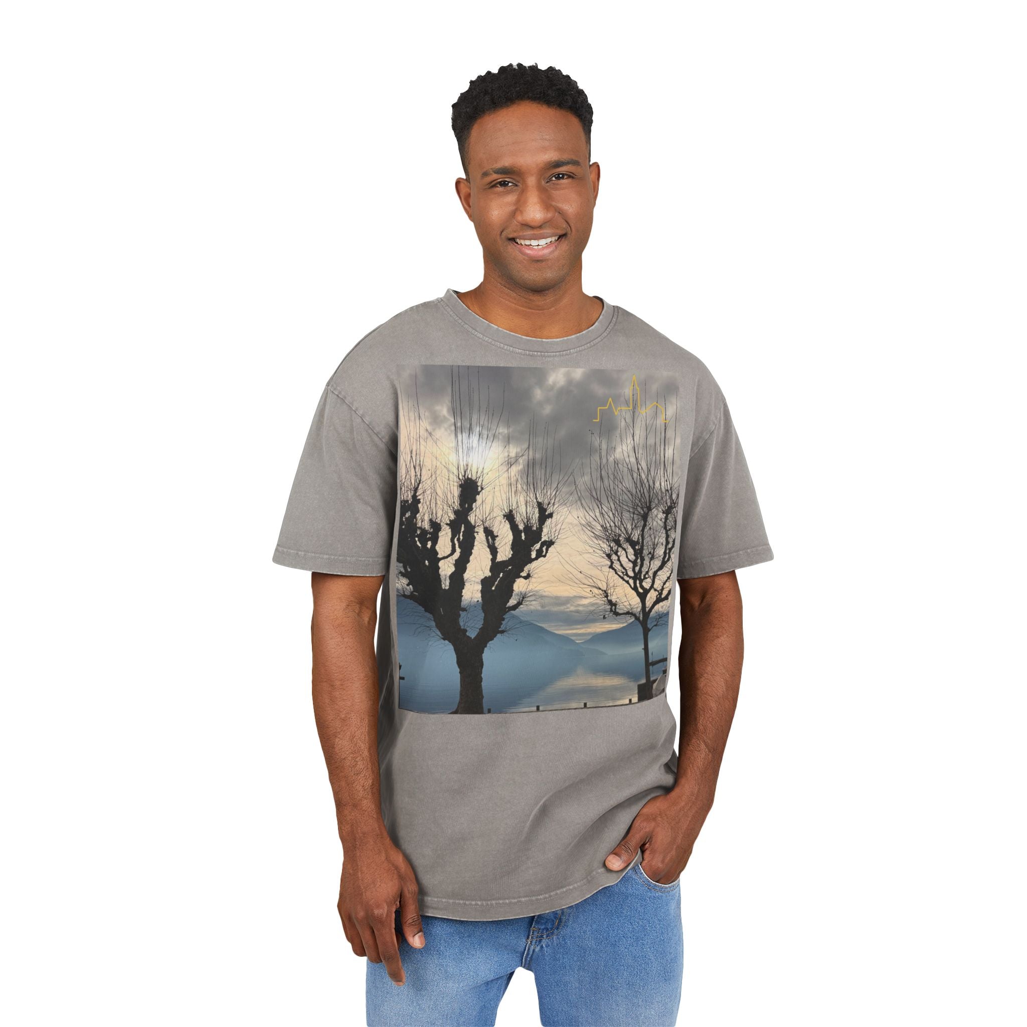 Oversized Graphic Tee — Scenic Lakeside Photo Front & '66 Twelve' Script Back