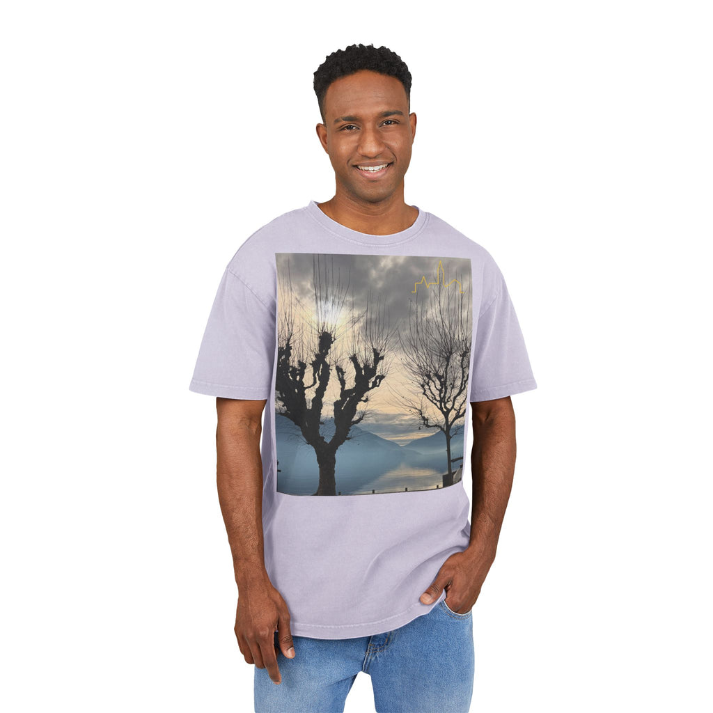 Oversized Graphic Tee — Scenic Lakeside Photo Front & '66 Twelve' Script Back