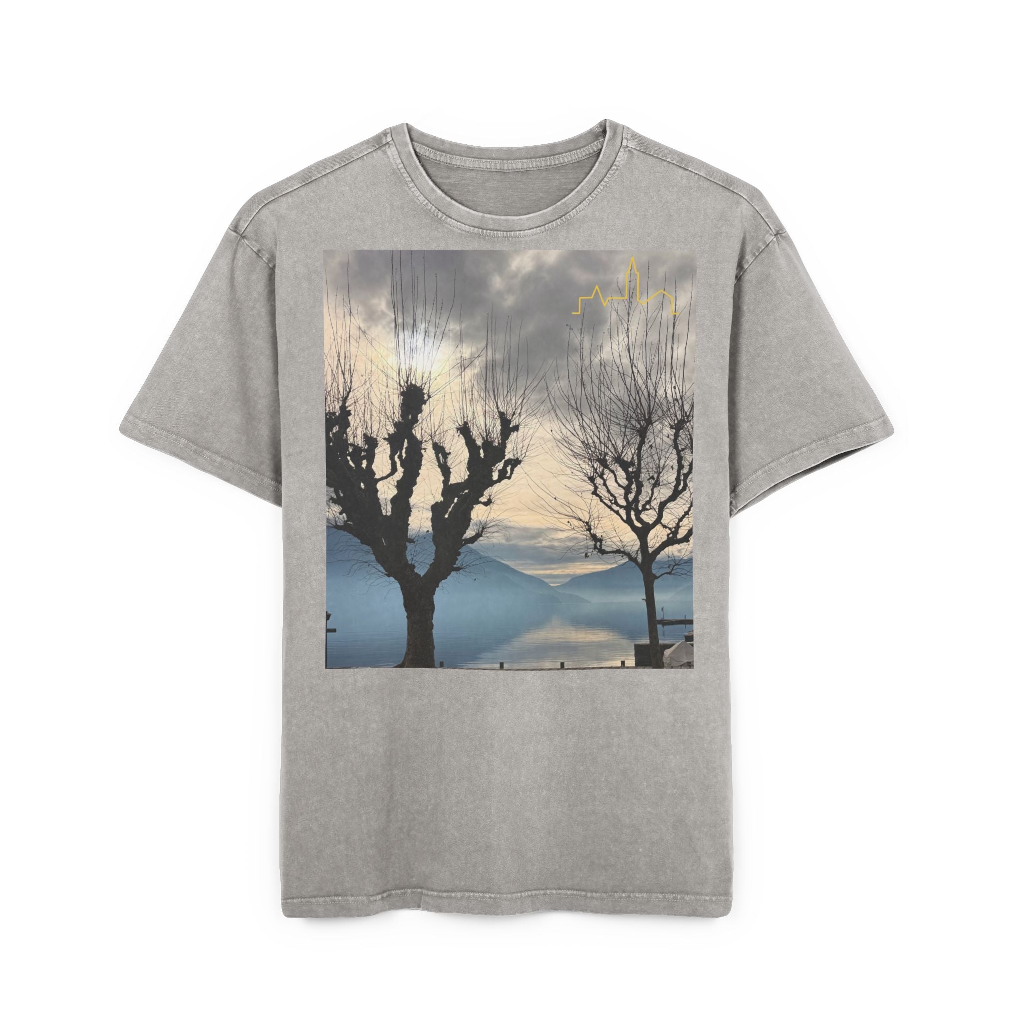 Oversized Graphic Tee — Scenic Lakeside Photo Front & '66 Twelve' Script Back