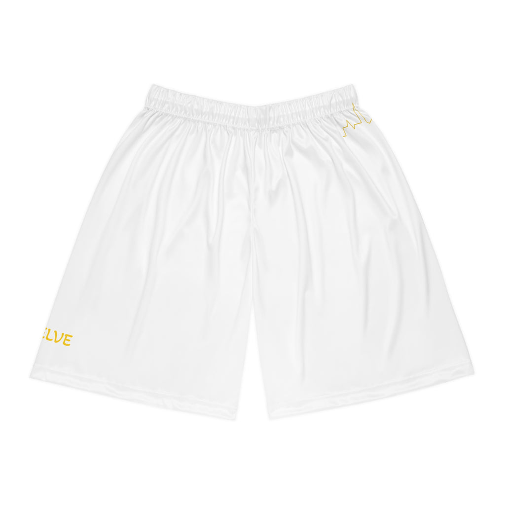 White Basketball Shorts with Gold '66TWE' Minimal Logo — Athletic AOP Shorts
