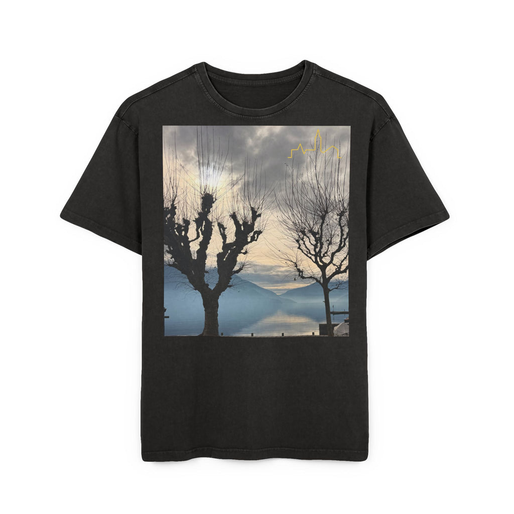 Oversized Graphic Tee — Scenic Lakeside Photo Front & '66 Twelve' Script Back