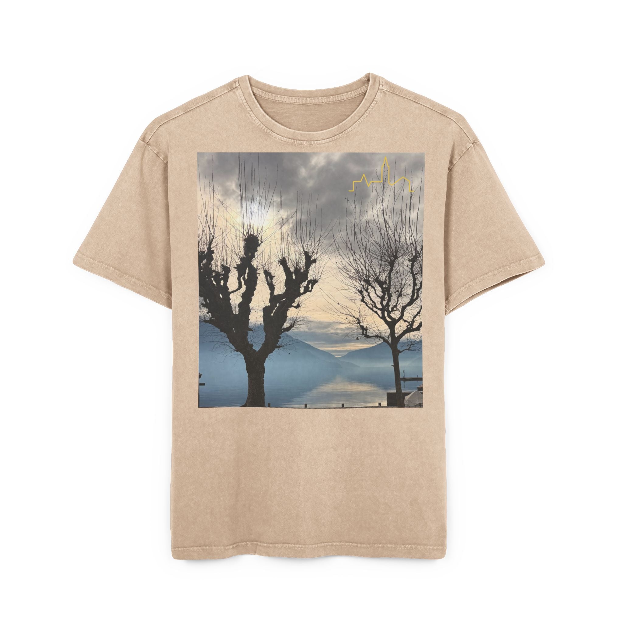 Oversized Graphic Tee — Scenic Lakeside Photo Front & '66 Twelve' Script Back