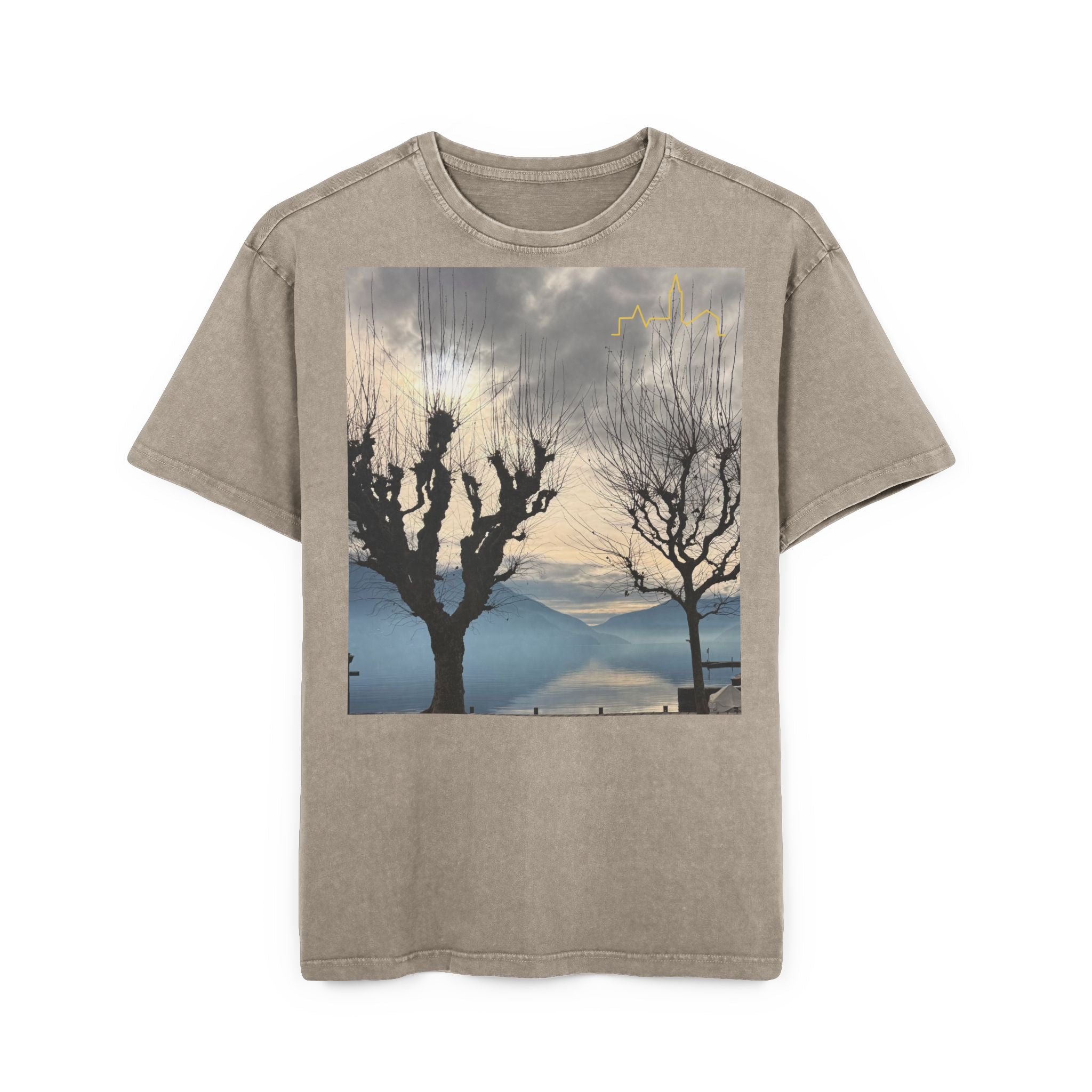 Oversized Graphic Tee — Scenic Lakeside Photo Front & '66 Twelve' Script Back