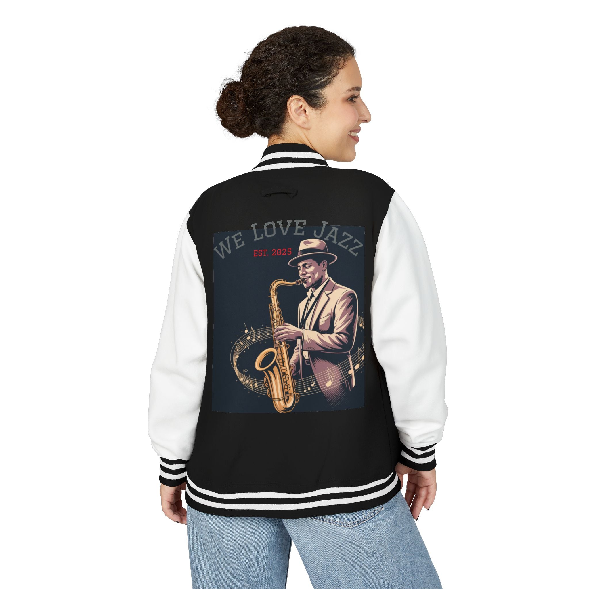 Stylish Jazz Letterman Jacket, Unisex Heavyweight Jacket, Gift for Music Lovers, College Apparel, Retro Style Outerwear