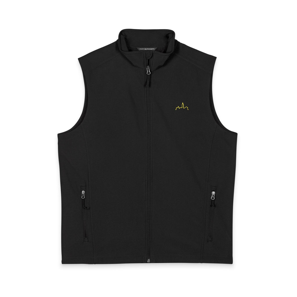 Men's Soft Shell Vest — Lightweight Black Zip-Up with Small Yellow Bee Logo